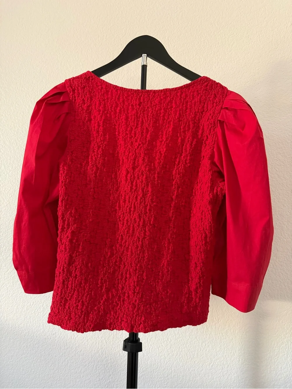 Anthropologie Coral-Red Puff-Sleeve Textured Button Front Top